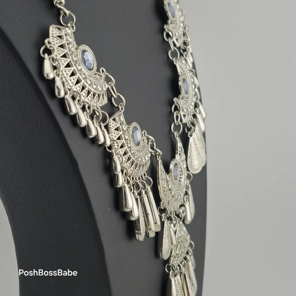 Boho Statement Necklace with Silver-Tone Crescent Medallions – 20-23" Length - Picture 7 of 12